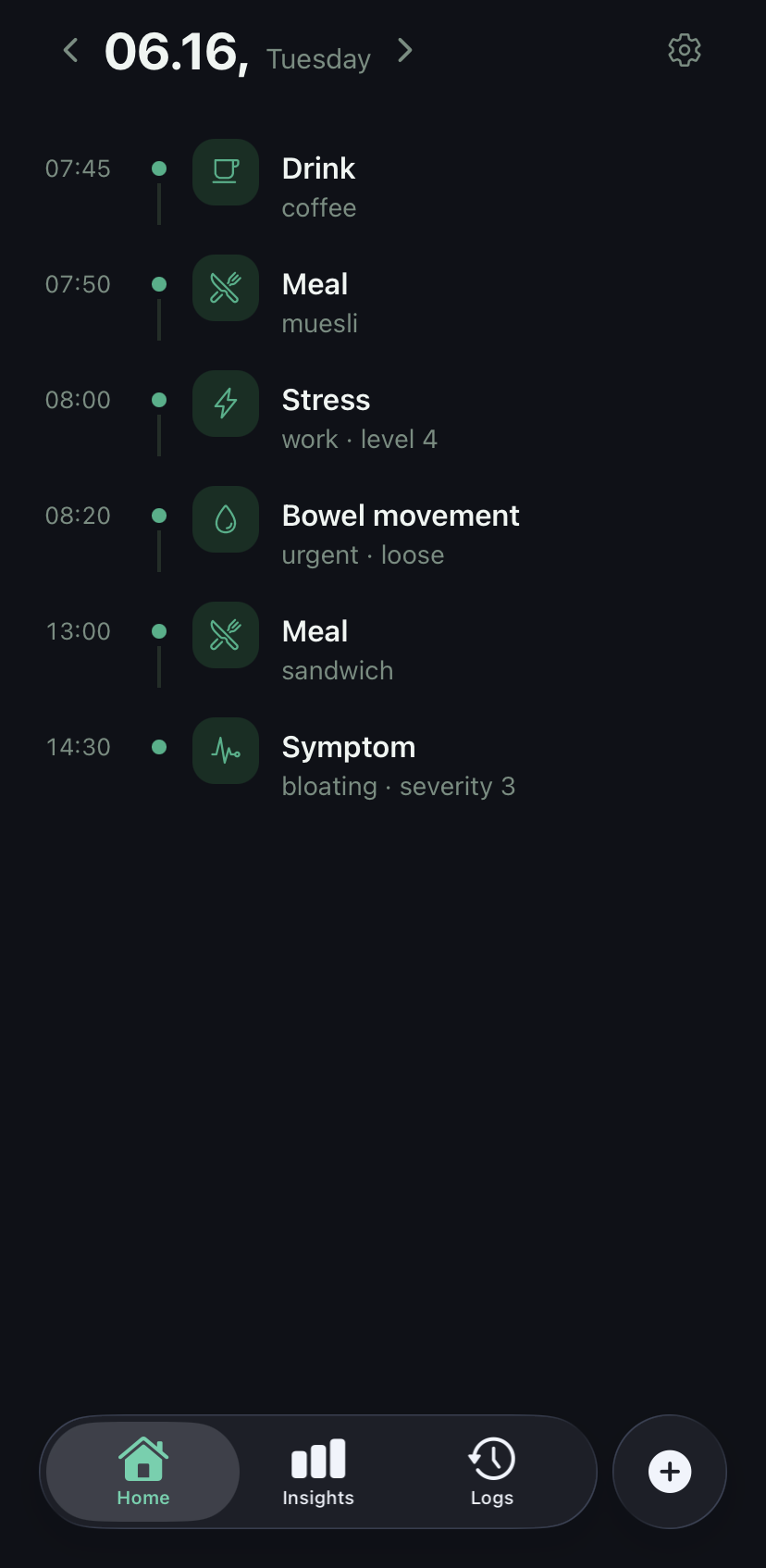 Bowey Home screen — today's logged events