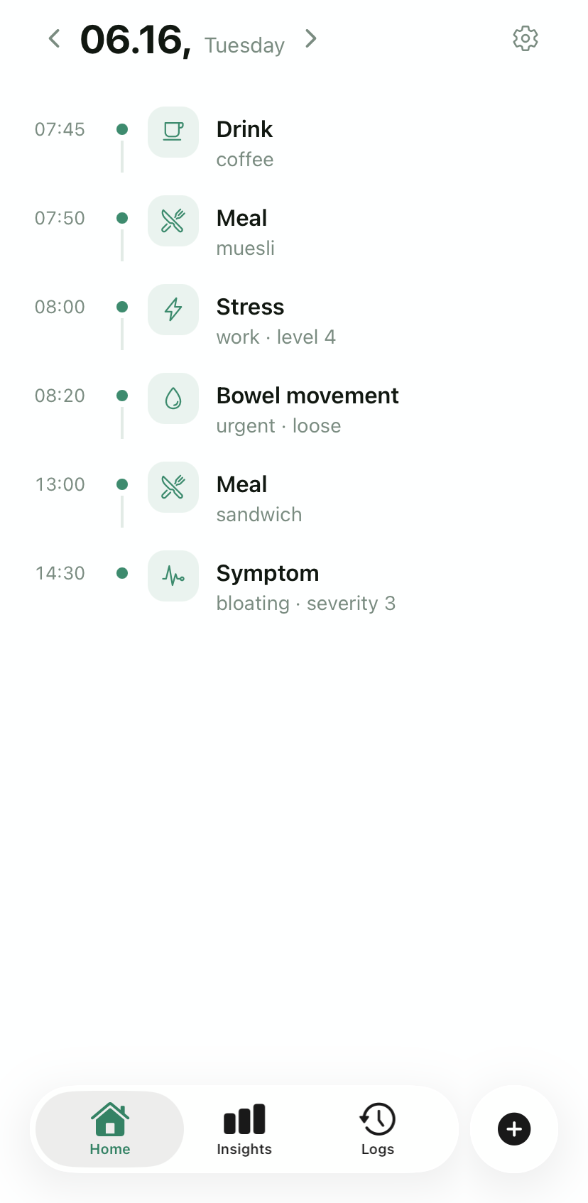 Bowey Home screen — today's logged events